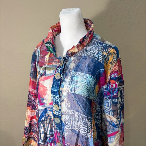 Ali Miles Top Women's 2X Multi Artsy Graphic Tropical Floral Button Front Boho - Picture 2 of 12
